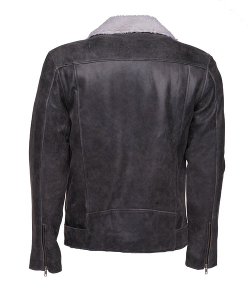Handmade Vintage Grey Biker Leather Jacket With Sherpa Lining