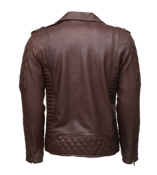 Handmade  Brown Quilted Biker Leather Jacket With Diamond Stitching Details