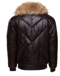 Handmade  Brown V-Bomber Style Puffer Winter Leather Jacket With Fur Collar