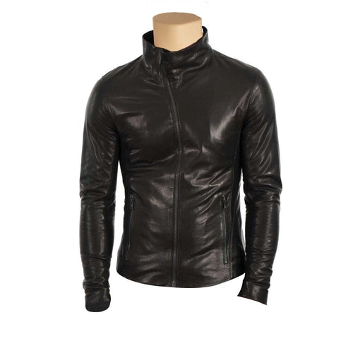 Handmade Black Leather Jacket With High Neck Pullover
