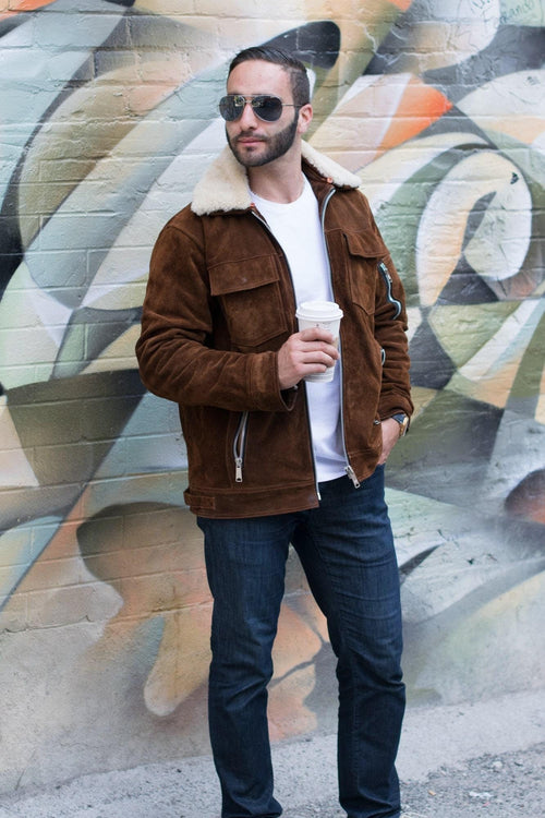 Handmade  Suede Bomber Leather Jacket With Fur Collar