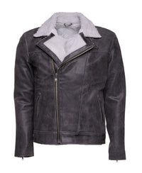 Handmade Vintage Grey Biker Leather Jacket With Sherpa Lining
