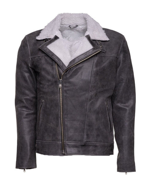 Handmade Vintage Grey Biker Leather Jacket With Sherpa Lining