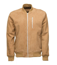 Handmade Sandy Beige Suede Bomber Leather Jacket With Ribbed Cuffs