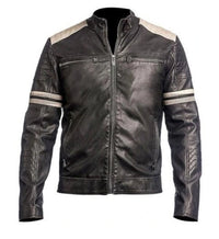 Handmade Cafe Racer Retro Hybrid Mayhem Motorcycle White Stripes Black Biker Leather Jacket