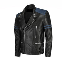 Handmade  Rodger's Blue And Black Biker Style Leather Jacket