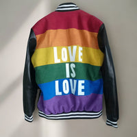 Handmade Love is Love LGBTQ Varsity Jacket With Leather Sleeves! "Pride Jacket"- A LGBTQ Handmade Leather Jacket Celebrating Diversity