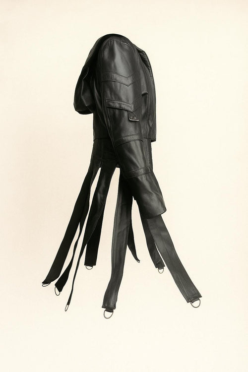 Gothic Black Leather Hooded Jacket with Buckle Straps & D-Rings – Cyberpunk Streetwear by Ox and Bulls