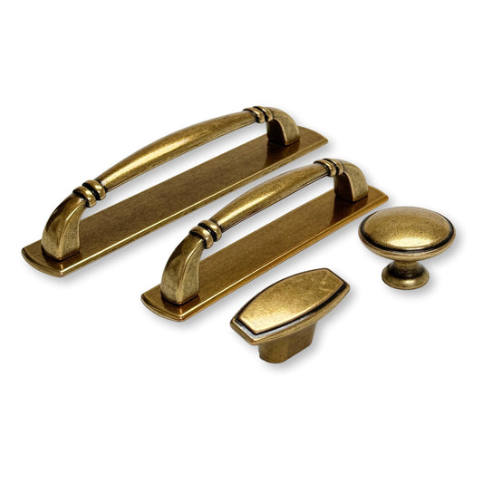 Backplate Antique Brass "Portofino" Drawer Pull and Knob Euro • Knobs