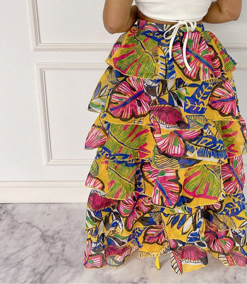 Blissful Views Printed Ruffled High Low Skirt