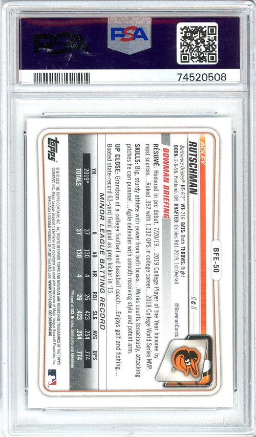 Graded 2020 Topps Bowman 1st Edition Adley Rutschman #BFE50 Sky Blue Foil Rookie RC Baseball Card PSA 10 Gem Mint