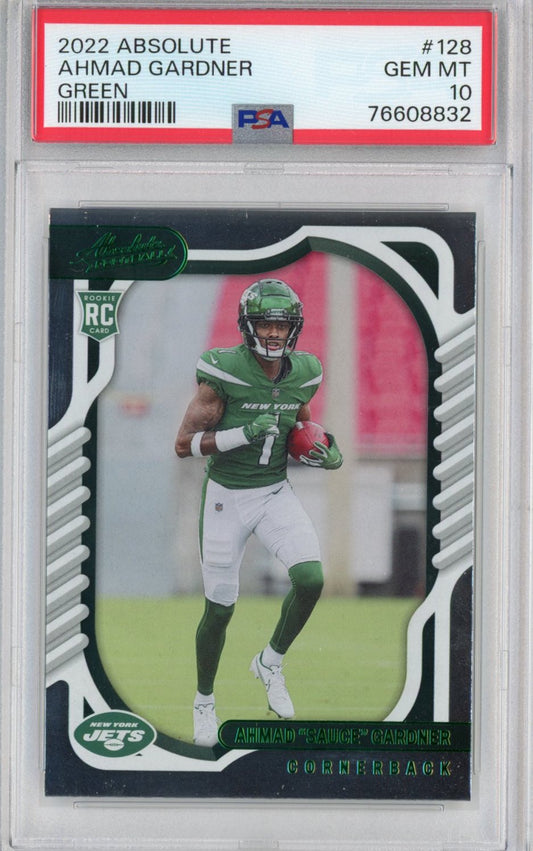 Graded 2022 Panini Absolute Ahmad Sauce Gardner #128 Green Rookie RC Football Card PSA 10 Gem Mint