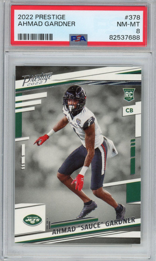 Graded 2022 Panini Prestige Ahmad Sauce Gardner #378 Rookie RC Football Card PSA 8 Mint