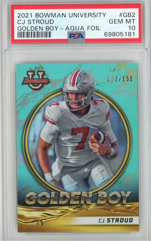 Graded 2021 Bowman University CJ Stroud #GB2 Golden Boy Aqua Foil Rookie RC Football Card PSA 10 Gem Mint