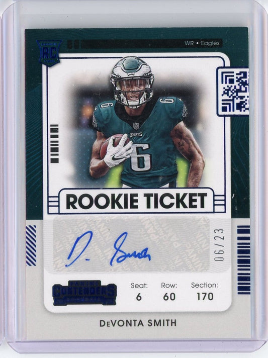 2021 Panini Contenders Blue Variation Rookie Ticket Devonta Smith #107 Jersey Number 6/23 Auto Rookie RC Football Card