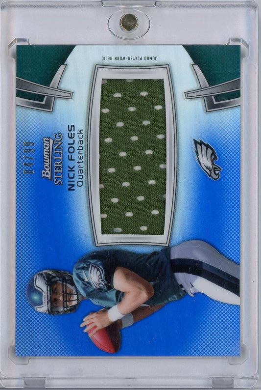 2012 Bowman Sterling Blue Refractor Nick Foles #BSJRRNF /99 Player Worn Relic Patch Rookie RC Football Card
