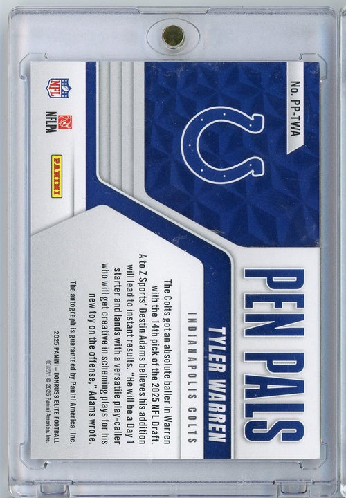 2025 Donruss Elite Pen Pals Purple Tyler Warren #PPTWA Purple Auto Rookie RC Football Card