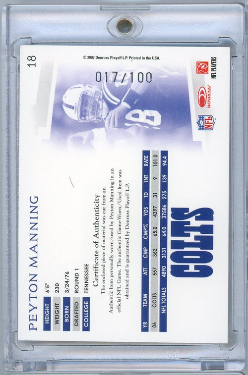 2007 Donruss Threads Peyton Manning #18 /100 Player Worn Relic Football Card