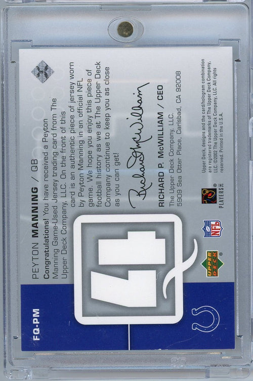 2002 Upper Deck 4th Fourth Quarter Fabrics Peyton Manning #FQPM Game Used Relic Football Card