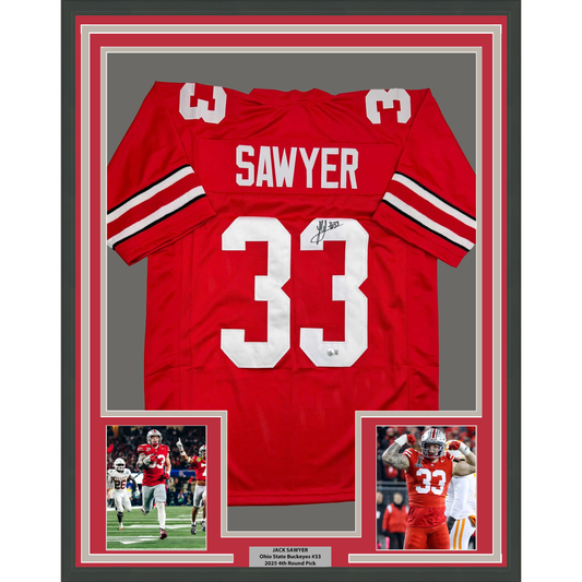 Framed Autographed/Signed Jack Sawyer 35x39 Ohio State Red College Football Jersey Beckett BAS COA