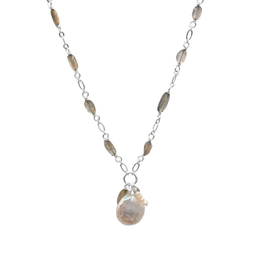 Labradorite Chain Necklace With Freshwater Pearl Pendant