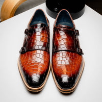 55-112-CGN LEGERRA Hand Burnished Crocodile Print Monkstrap Cognac