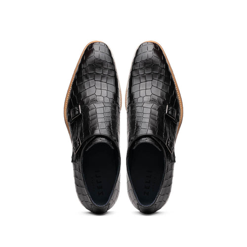 55-112-BLK LEGERRA Hand Burnished Crocodile Print Monkstrap Black