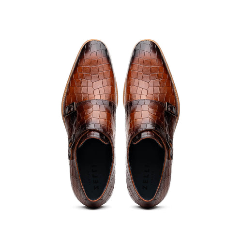 55-112-CGN LEGERRA Hand Burnished Crocodile Print Monkstrap Cognac