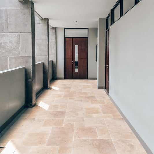 Light Beige Premium Travertine Tiles Antique Pattern Tumbled - Livfloors Collection