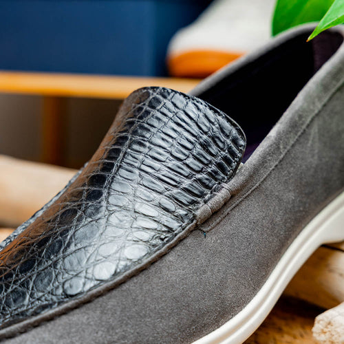 11-603-GRY BENE Sueded Italian Goatskin & Crocodile Loafer Grey