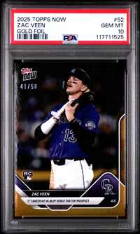 Graded 2025 Topps Now Zac Veen #52 Gold Foil /50 Rookie RC Baseball Card PSA 10 Gem Mint