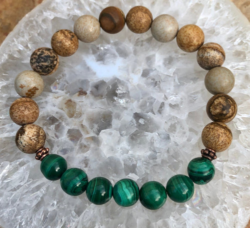 Malachite Picture Jasper Beaded Stretch Bracelet For Women