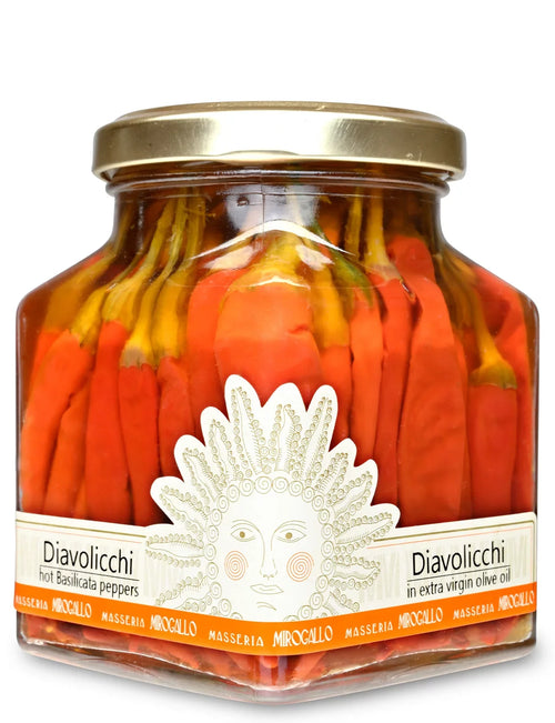 Diavolicchi Hot Peppers in Extra Virgin Olive Oil Produced by: Masseria Mirogallo  in Basilicata, Italy