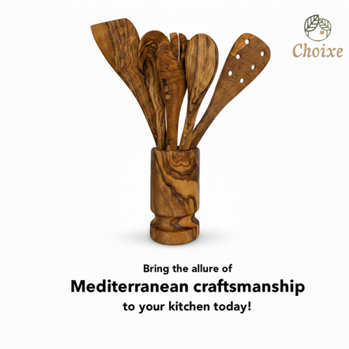 Olive Wood Kitchen Servers Set w/Holder -6 Pcs