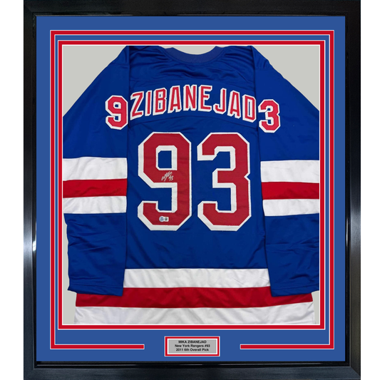 Framed Autographed/Signed Mika Zibanejad 35x39 New York Blue Hockey Jersey Beckett BAS COA