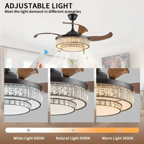 Modern Indoor Ceiling Fan with Retractable LED Light, Remote, and 4 Blades