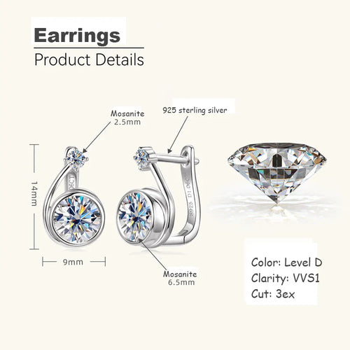 Moissanite Clip Hoop Earrings 925 Sterling Silver D-Color White Round Cut