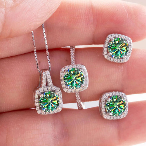 Moissanite D Color Round Cut 925 Sterling Silver Pendant Necklace and Studs Set