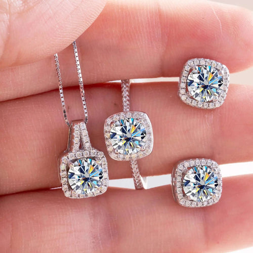 Moissanite D Color Round Cut 925 Sterling Silver Pendant Necklace and Studs Set