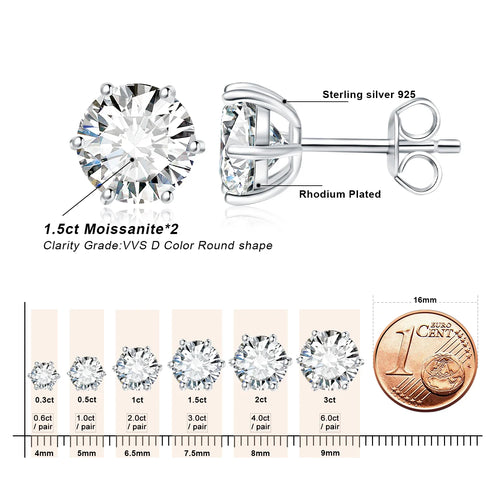 Moissanite D Color Round Solitaire Stud Earrings 0.6-6ct Sterling Silver