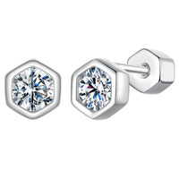 Moissanite Hexagonal Stud Earrings 925 Silver Screw-Back Bezel Gift