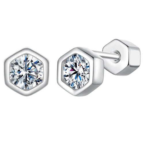 Moissanite Hexagonal Stud Earrings 925 Silver Screw-Back Bezel Gift