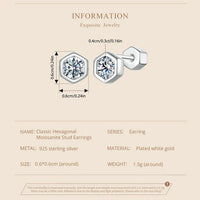 Moissanite Hexagonal Stud Earrings 925 Silver Screw-Back Bezel Gift