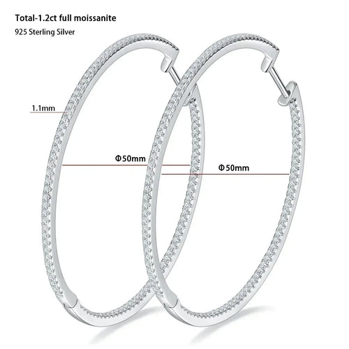 Moissanite Hoop Earrings 30/50mm Sterling Silver 925 Bridal Wedding Hoops