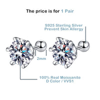 Moissanite Screw Stud Earrings D Color 6-Prong 925 Sterling Silver Wedding