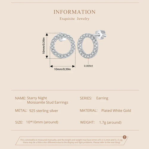 Moissanite 10mm Stud Earrings S925 Sterling Silver Screw Back Gift Mom
