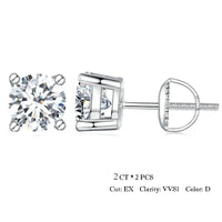 Moissanite Stud Earrings 2CT VVS1 925 Sterling Silver Screw Back Classic
