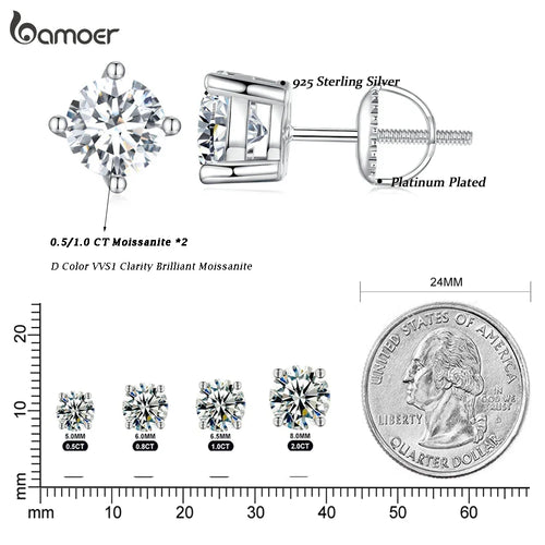 Moissanite Stud Earrings 2CT VVS1 925 Sterling Silver Screw Back Classic