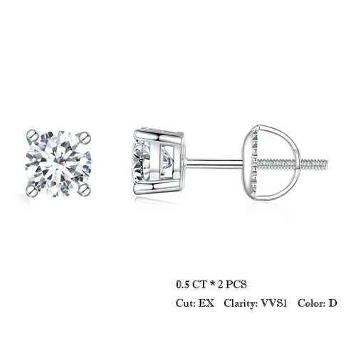 Moissanite Stud Earrings 2CT VVS1 925 Sterling Silver Screw Back Classic