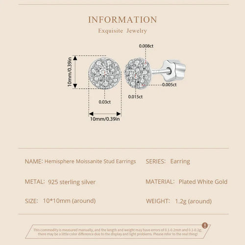 Moissanite Stud Earrings 925 Sterling Silver Hemisphere Dazzling For Mom